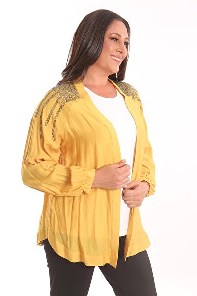 Metpoint Trend42Plus Large Size Robe Stone Printed Oversize Yellow Jacket