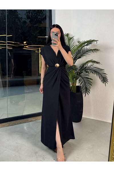 missswans Nomia Shell Accessory Cross Cutout Low-Cut Long Dress Black