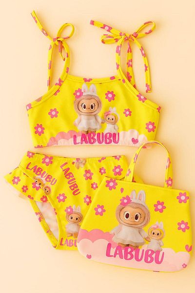 ARBİ kids Girls Labubu Flower Print Yellow Bag Three Piece Swimsuit Bikini Set