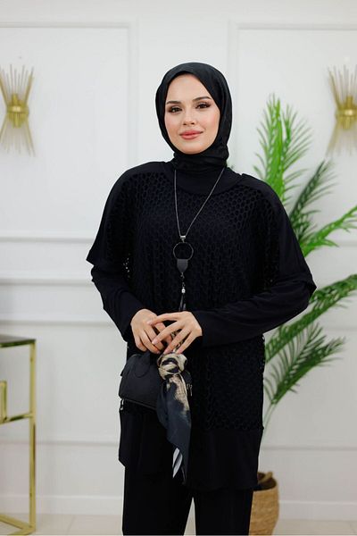 VALENS BOUTİQUE Women's Hijab Set 3-Piece Tunic & Pants Set with Necklace Gift