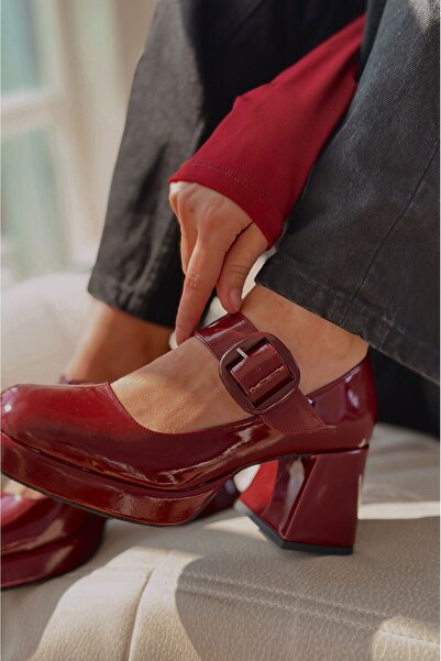 I Love Shoes Lanis Patent Leather Buckle Detailed Platform Heeled Shoes Claret Red