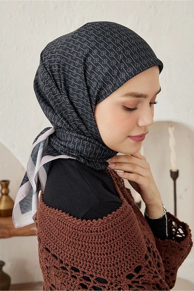 Modakaşmir Linear Circle Mk Cotton Scarf - Beige-Black