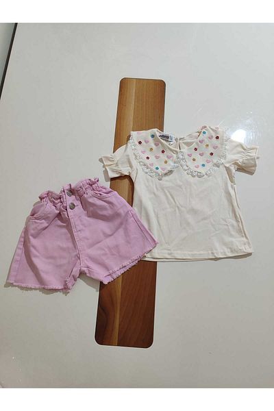 jeliboomkidswear Baby Collar Heart and Flower Embroidered Shorts Bottom Top Summer 2-Piece Girl's Set
