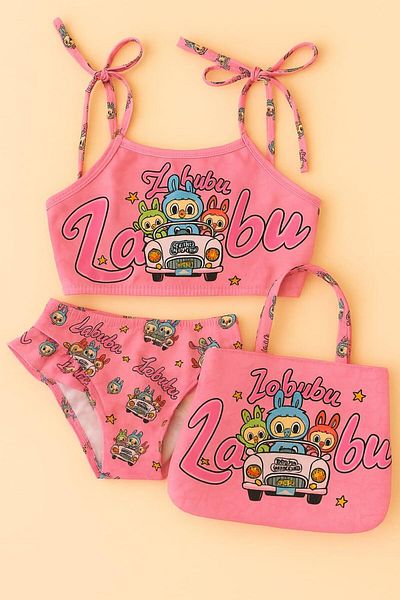 ARBİ kids Κοριτσίστικο labubu ροζ τριών τεμαχίων μαγιό μπικίνι καλοκαιρινό