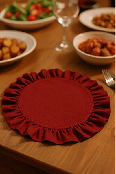 Trouvaille 6 Adet Bordo Yuvarlak Fırfırlı Keten Kumaş Supla 40 cm Amerikan Servis Masa Altlığı