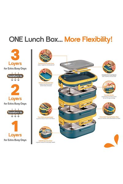 YAH Creation YAH 3 Layer Premium Stainless Steel Lunch Box Leakproof with Cutlery and Thermal Bag