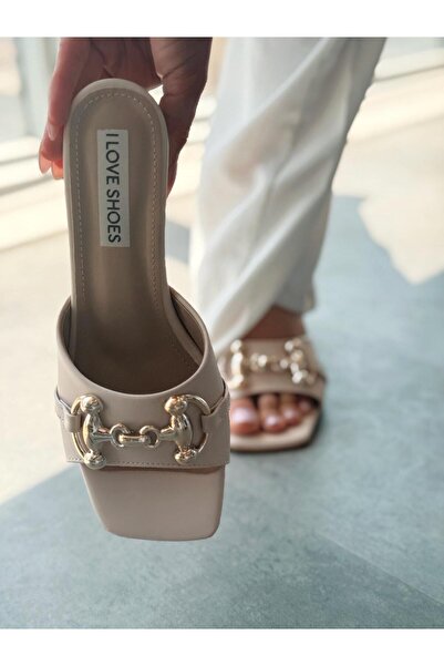 I Love Shoes Sorey Matte Leather Beige Buckle Detailed Thick Heeled Slippers