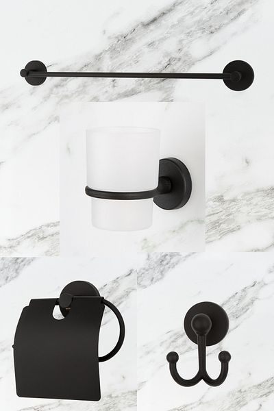 UG Home Μαύρη μακριά κρεμάστρα για πετσέτες με φαρδύ κάλυμμα θήκη για χαρτί υγείας Κρεμάστρα για ρόμπα Σετ αξεσουάρ θήκης οδοντόβουρτσας 4 τεμ.