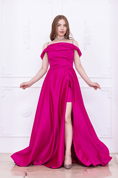 BEYBOS Saten Kumaş Büzgülü Askılı Abiye Elbise - FUŞYA