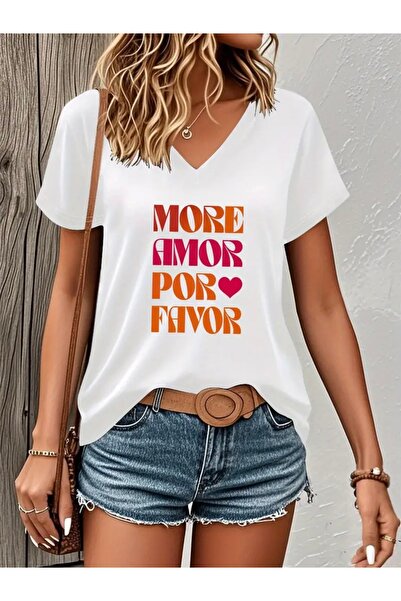 FUFLUNS More Amor Por Favor Printed Women's Oversize V-Neck T-Shirt