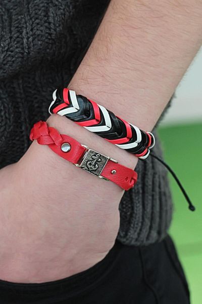 SeyCey.co Black Red Color Leather Men's Bracelet Combination