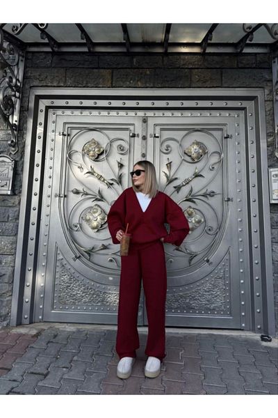 modamtn    Wide V-Neck Three Thread Sweat Suit - Burgundy