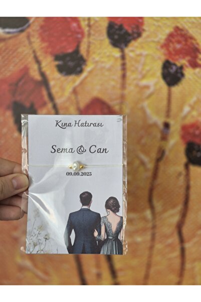 Söz, Nişan, Kına, Nikah, Düğün için İnci Şans Bilekliği ve İsme özel kart 15 adet