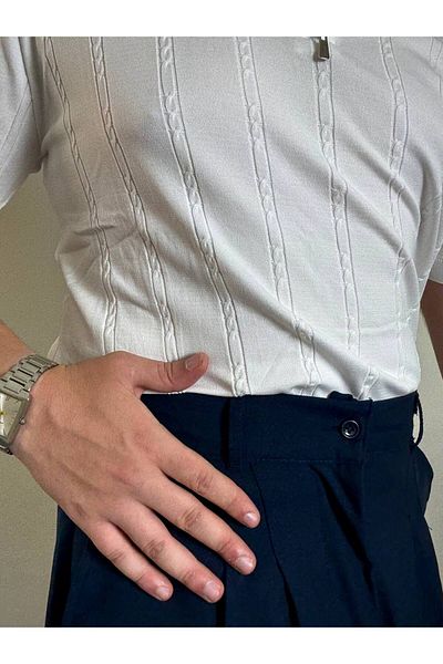 Arvens Men's Oversize White Summer Knitwear Polo Collar, Striped Patterned Fabric, Wide Fit Short Sleeve Model