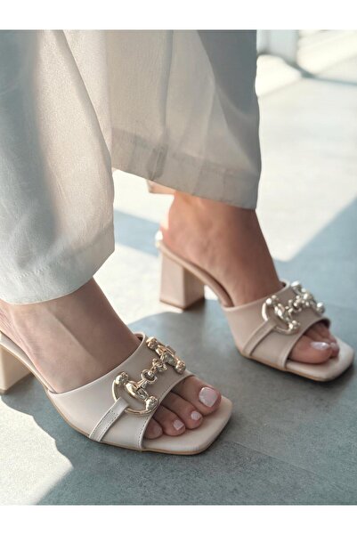 I Love Shoes Sorey Matte Leather Beige Buckle Detailed Thick Heeled Slippers