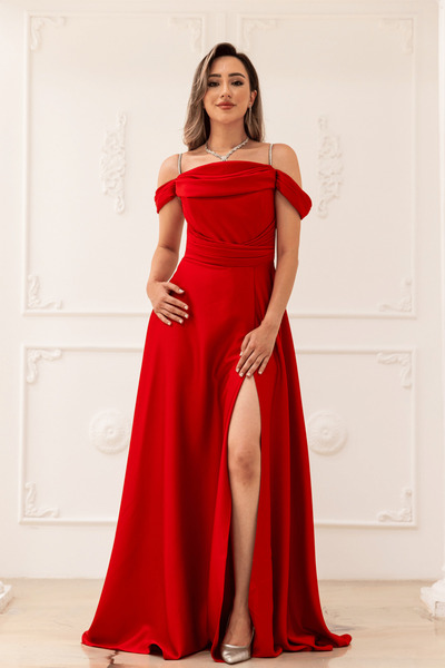 BEYBOS Σατέν μακρύ βραδινό φόρεμα με Με σούρες τιράντες - ΚΟΚΚΙΝΟ
