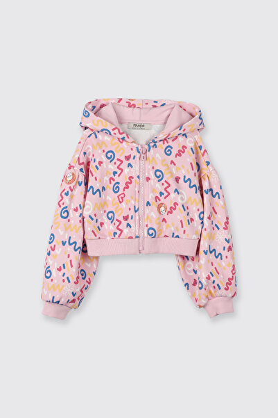 Panço Kız Bebek Kapüşonlu Baskılı Fermuarlı Pembe Sweatshirt