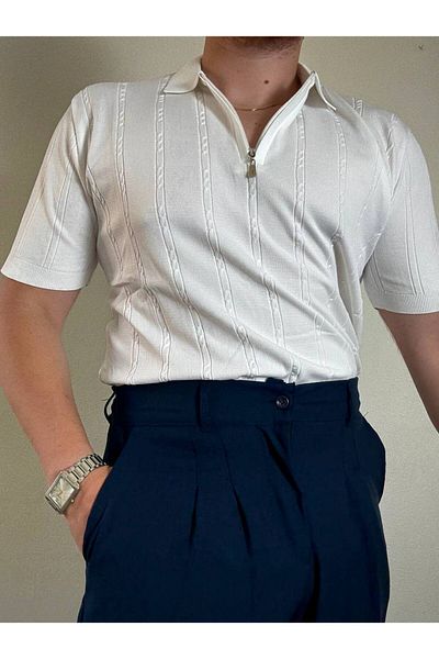 Arvens Men's Oversize White Summer Knitwear Polo Collar, Striped Patterned Fabric, Wide Fit Short Sleeve Model