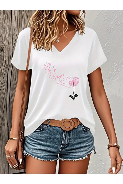 FUFLUNS تي شيرت نسائي كبير الحجم برقبة على شكل حرف V مطبوع عليه ريش طائر ملون