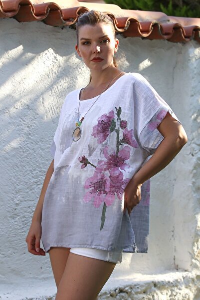 Chiccy Ιταλική λευκή λαιμόκοψη πισίνας με χαμηλό μανίκι με λουλουδάτο εμπριμέ casual λινό μπλούζα με υφαντό μεγάλο μέγεθος 72 70