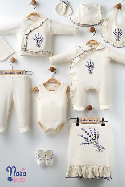 Naka Concept Lavender Patterned 10 Piece Baby Girl Hospital Discharge Set 100% Cotton Soft Fabric