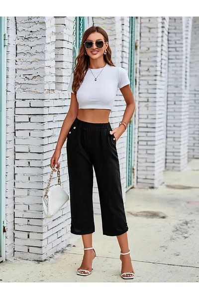 COjans Women's Elastic Waist Button and Pocket Detailed Capri Imported Linen Trousers