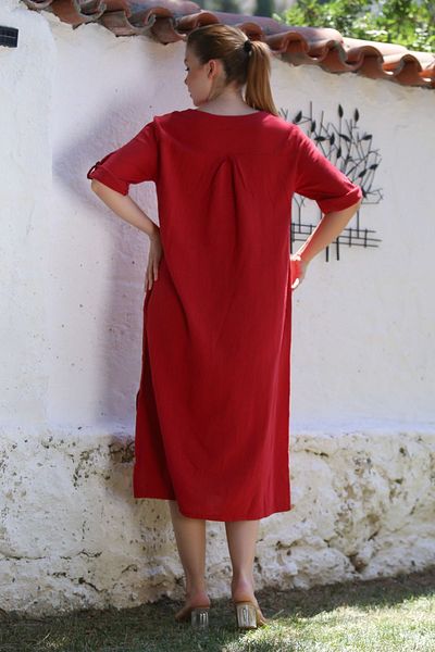 Chiccy Italian Brick Color V-Neck Button 3/4 Sleeve Casual Linen Look Woven Dress with Hidden Pocket 120 56