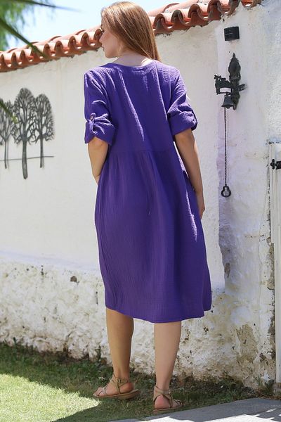 Chiccy Rochie mov cu gât rotund, cu mâneci lungi, buzunar, lavabilă, casual, țesută din muselină 107 60
