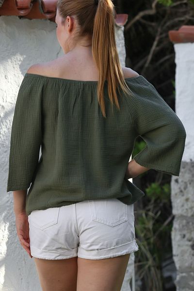 Chiccy Χακί Carmen γιακάς 3/4 μανίκι πλενόμενη μπλούζα casual μουσελίνα 60 55
