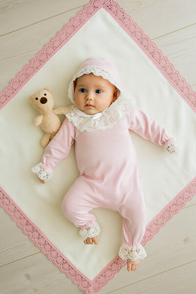 Minoliva Luna Dantel Detaylı Tulum Battaniye Seti Pembe Beyaz %100 Pamuklu Kumaş