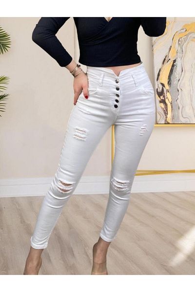 modamtn 5 Button V Detail Waist Ripped Jeans