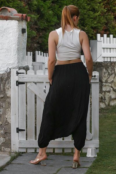 Chiccy Black Washed Elastic Waist Baggy Leg Casual Crinkle Woven Trousers 95 80