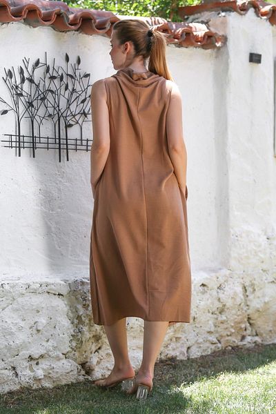 Chiccy Cinnamon Color Degaje Collar Sleeveless Hidden Pocket Washable Casual Linen Look Woven Dress 120 55