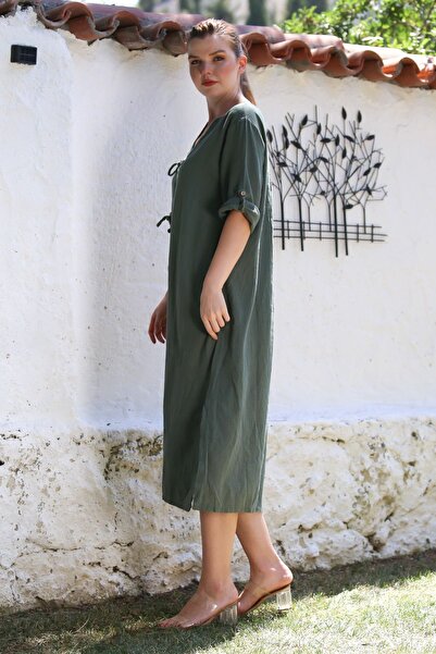 Chiccy Italian Khaki V-Neck Buttoned 3/4 Sleeve Casual Linen Look Woven Dress with Hidden Pocket 120 56