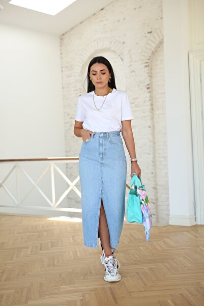 khaki boutique Önden Yırtmaçlı Jeans Kot Denim Uzun Etek