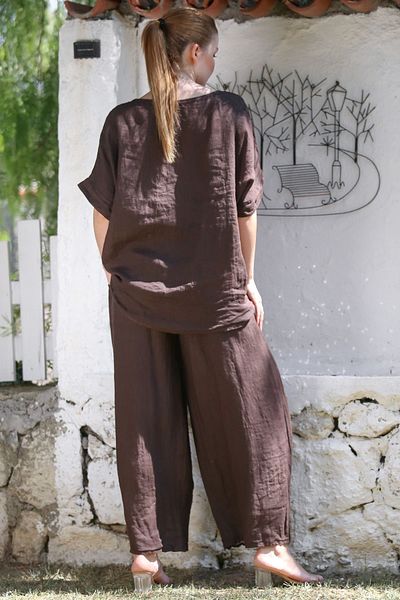 Chiccy بدلة منسوجة من الكتان بياقة حمام السباحة باللون البني الإيطالي وأكمام منخفضة وجيب وترتر مكشكش 73-100 70-68