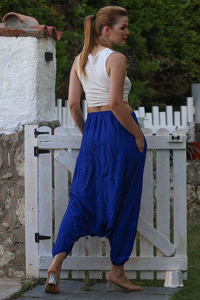 Chiccy Saks Blue Washed Elastic Waist Baggy Leg Casual Crinkle Woven Trousers 95 80