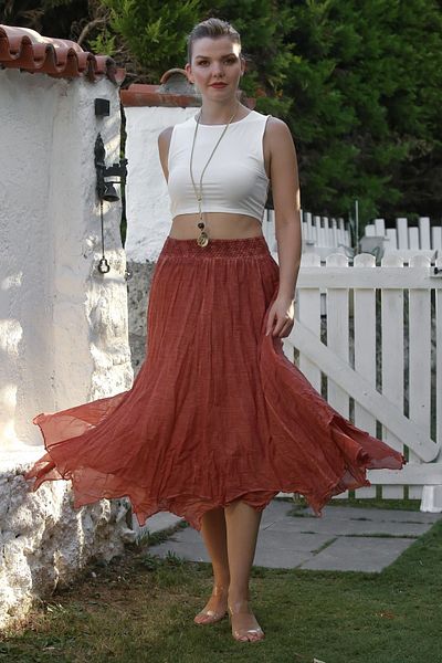 Chiccy Dusty Rose Layered Washed Elastic Waist Casual Crinkle Asymmetrical Woven Skirt 89 70