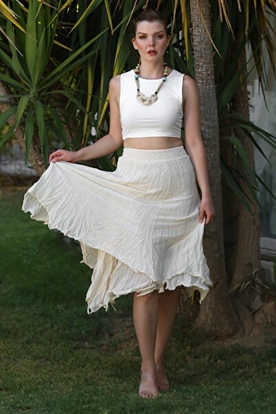 Chiccy Beige Layered Washed Elastic Waist Casual Crinkle Asymmetrical Woven Skirt 89 70