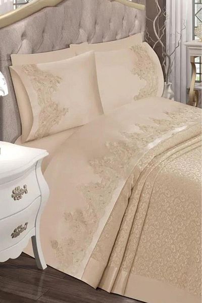 Çeyiz Diyarı Çeyizdiyarı Paris 3-Piece Chenille Bedspread Set Beige