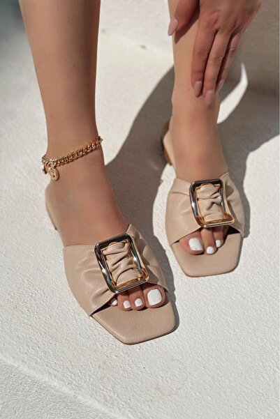 I Love Shoes Morisa Matte Leather Beige Buckle Detailed Women's Slippers