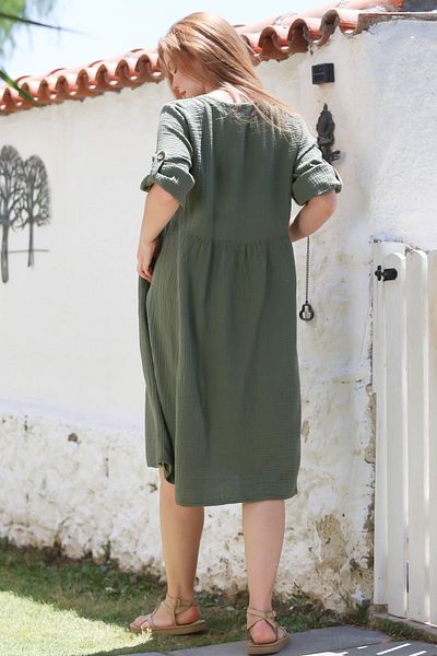 Chiccy Χακί στρογγυλή λαιμόκοψη με κουμπιά μακρυμάνικη τσέπη πλενόμενο casual μουσελίνα υφαντό φόρεμα 107 60