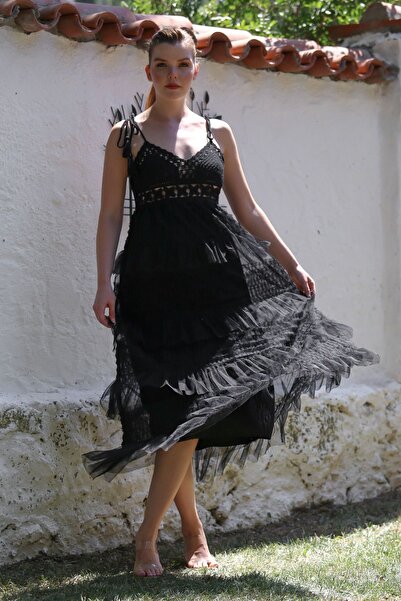 Chiccy Italian Black Strapless Neckline Tulle Adjustable Strap Scalloped Woven Dress 130 55