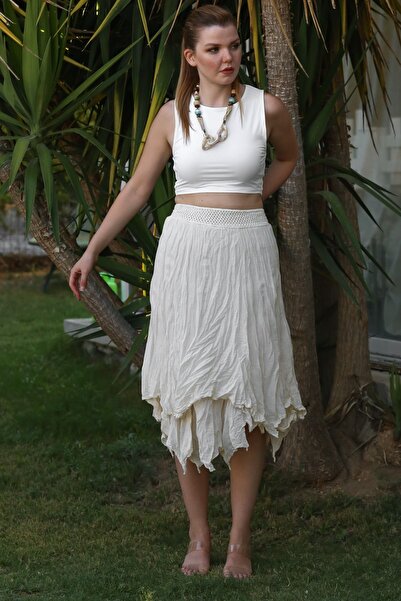 Chiccy Beige Layered Washed Elastic Waist Casual Crinkle Asymmetrical Woven Skirt 89 70