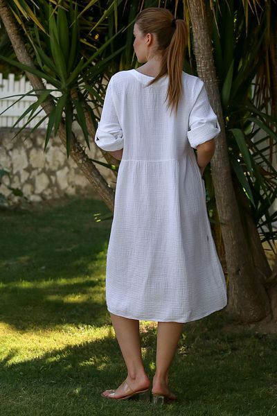 Chiccy White Round Neck Buttoned Long Sleeve Pocket Washable Casual Muslin Woven Dress 107 60