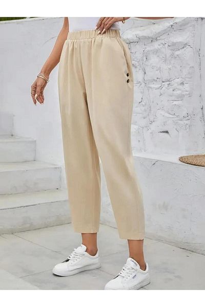 modamtn Women's high waist side pocket button detailed wide cut imported crepe pants