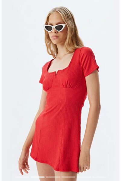 Pelin Boutique Mine Dress Square Neck A-Line Red Wrinkle Dress
