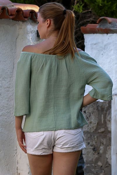 Chiccy Mint Carmen Collar 3/4 μανίκι πλενόμενη μπλούζα casual μουσελίνα 60 55