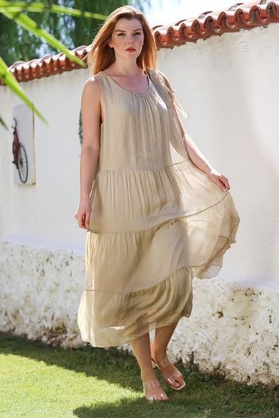 Chiccy Italian Beige Pool Collar Sleeveless Tie-Up Lined Casual Silk Woven Dress 130 65