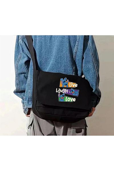 DEEFWEAR Black Stitch Live & Love Printed Back to School Messenger Bag